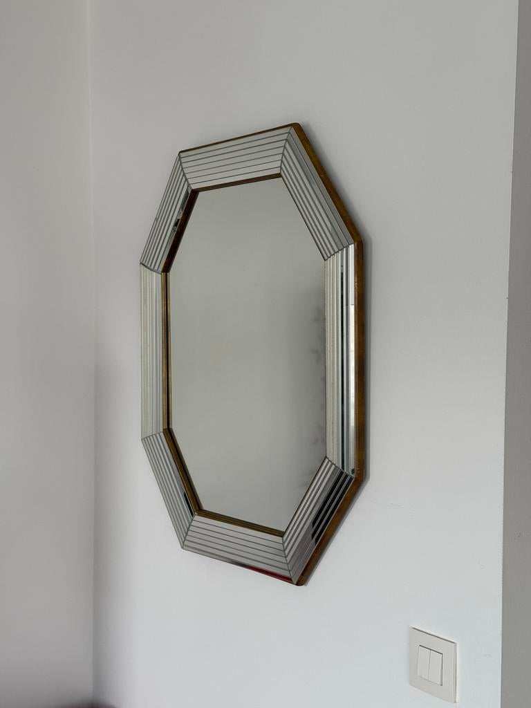 Miroir vintage octogonal verre biseauté & détails graphiques, Enlèvement, Utilisé
