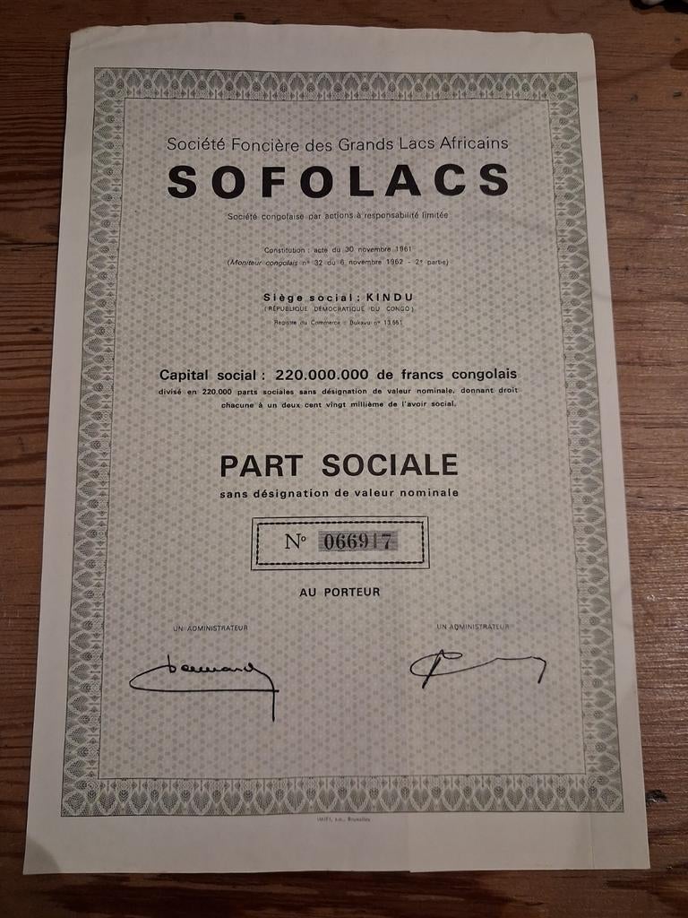 Aandeel sofolacs (rd du congo), Ophalen of Verzenden, Aandeel