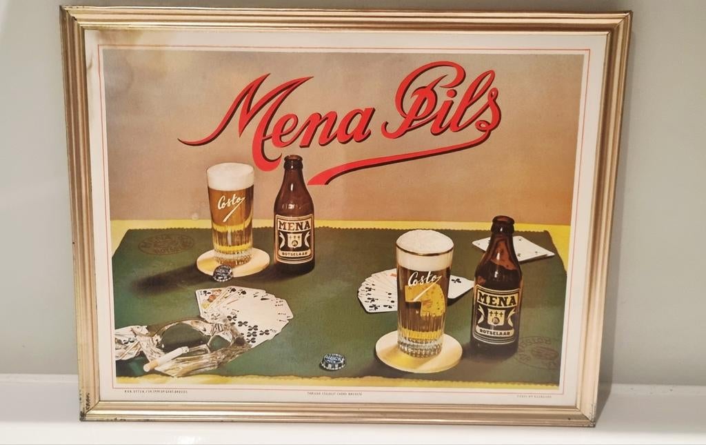 Panneau d'affichage ancien de la brasserie de bière Mena Lag, Collections, Enlèvement ou Envoi, Utilisé, Panneau publicitaire