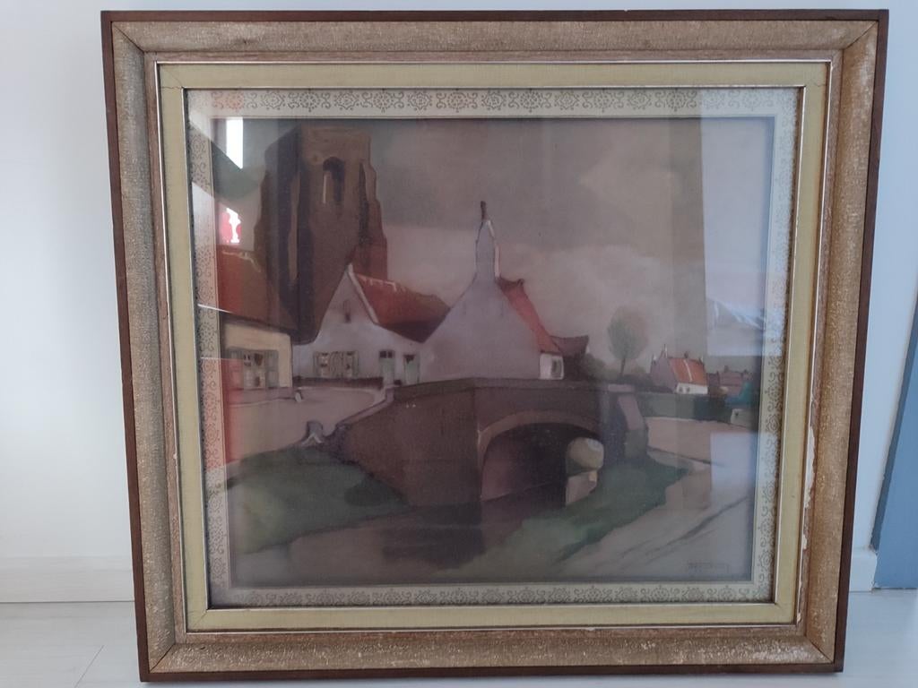 Schilderij Lissewege Brugge Jean De Cock krijtverf steendruk, Antiek en Kunst, Kunst | Schilderijen | Klassiek, Ophalen