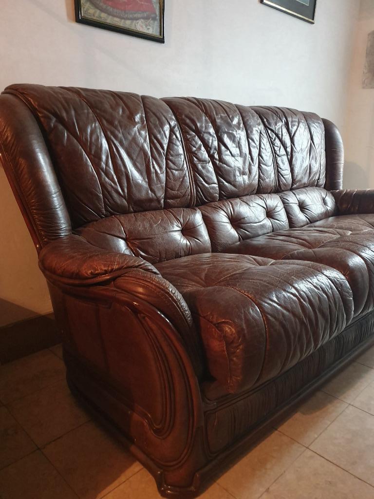 vintage lederen divan driezit, Maison & Meubles, Canapés | Salons, 75 à 100 cm, Enlèvement, Utilisé, Bois
