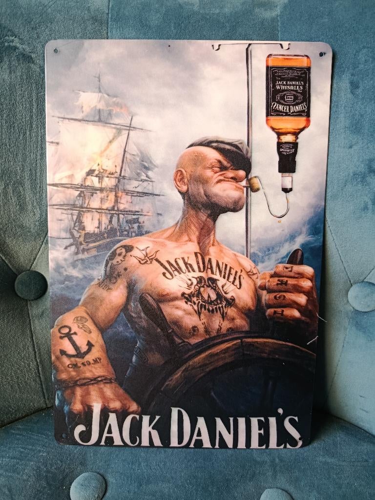 Plaque métal Jack Daniel's neuve whisky Popeye, Collections, Marques & Objets publicitaires, Neuf, Panneau publicitaire, Envoi