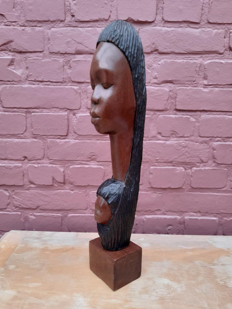 Afrikaanse kunst - houten beeld moeder en kind 41cm, Ophalen of Verzenden