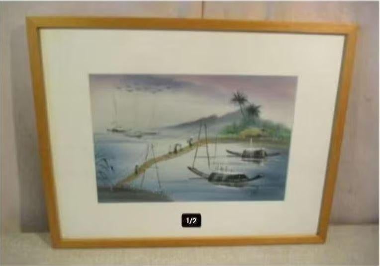 Mooi Geschilderd Aquarel 'Aziatische Bootjes' - gesigneerd, Ophalen of Verzenden