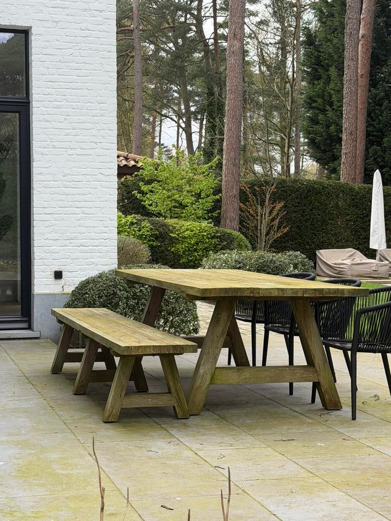 Tuintafel teak + 4 stoelen, Ophalen, Gebruikt, Bank