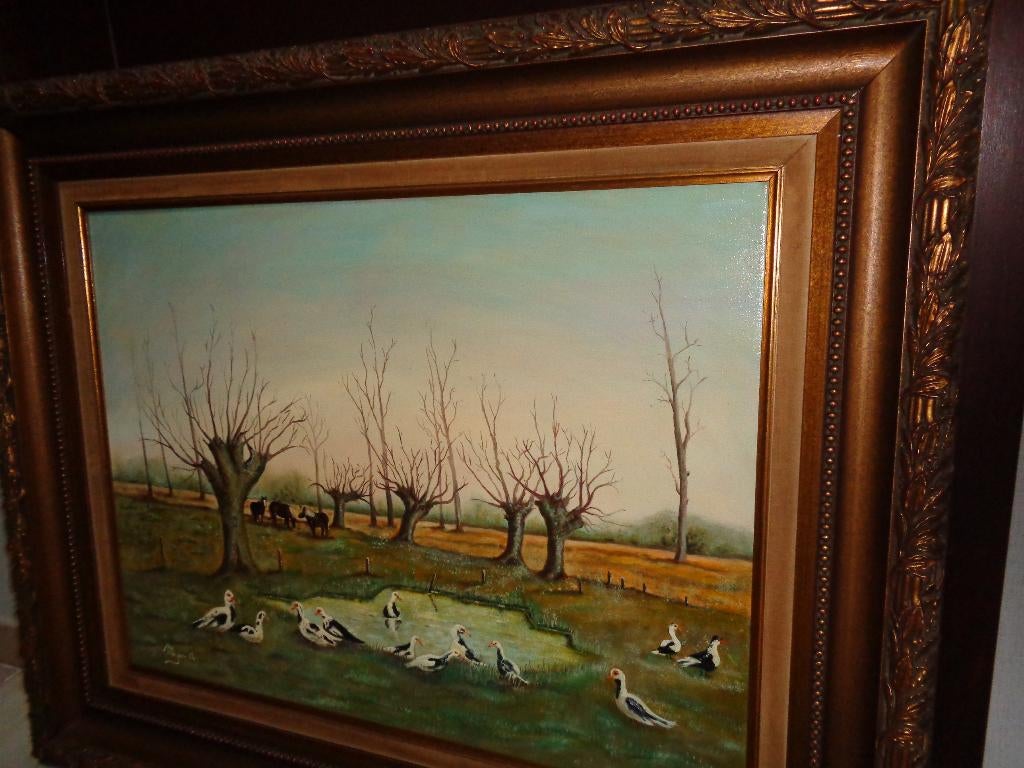 Prachtige gesigneerde antieke schilderij -"Eenden & Paarden", Ophalen of Verzenden