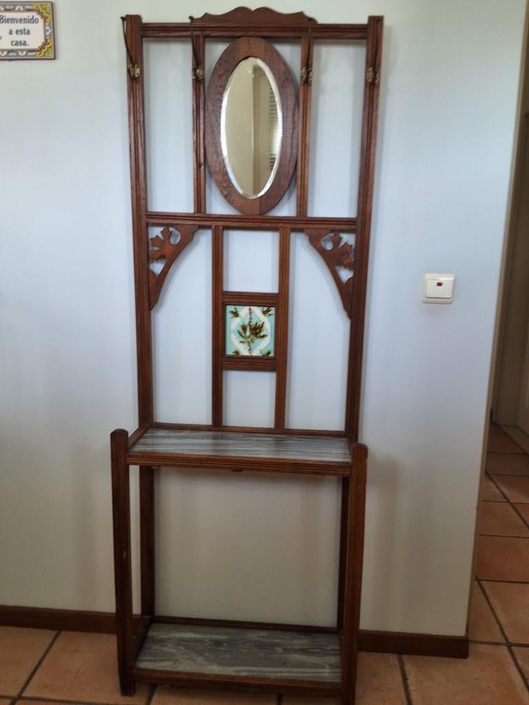 Antiek massief houten kapstok / hal meubel met marmer, Antiek en Kunst, Ophalen