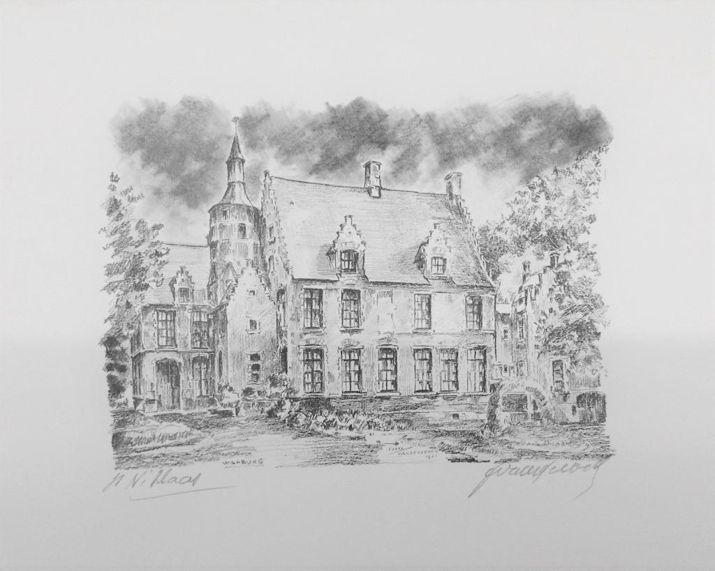 Kasteel Walburg St.-Niklaas 1931 houtskool ets, Antiek en Kunst, Ophalen of Verzenden