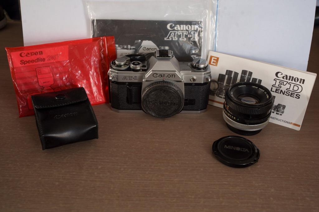 Canon AT-1 zilver +50mm f 1:1.8 +flitser, gereviseerde test, Ophalen of Verzenden, Refurbished, Spiegelreflex, Canon