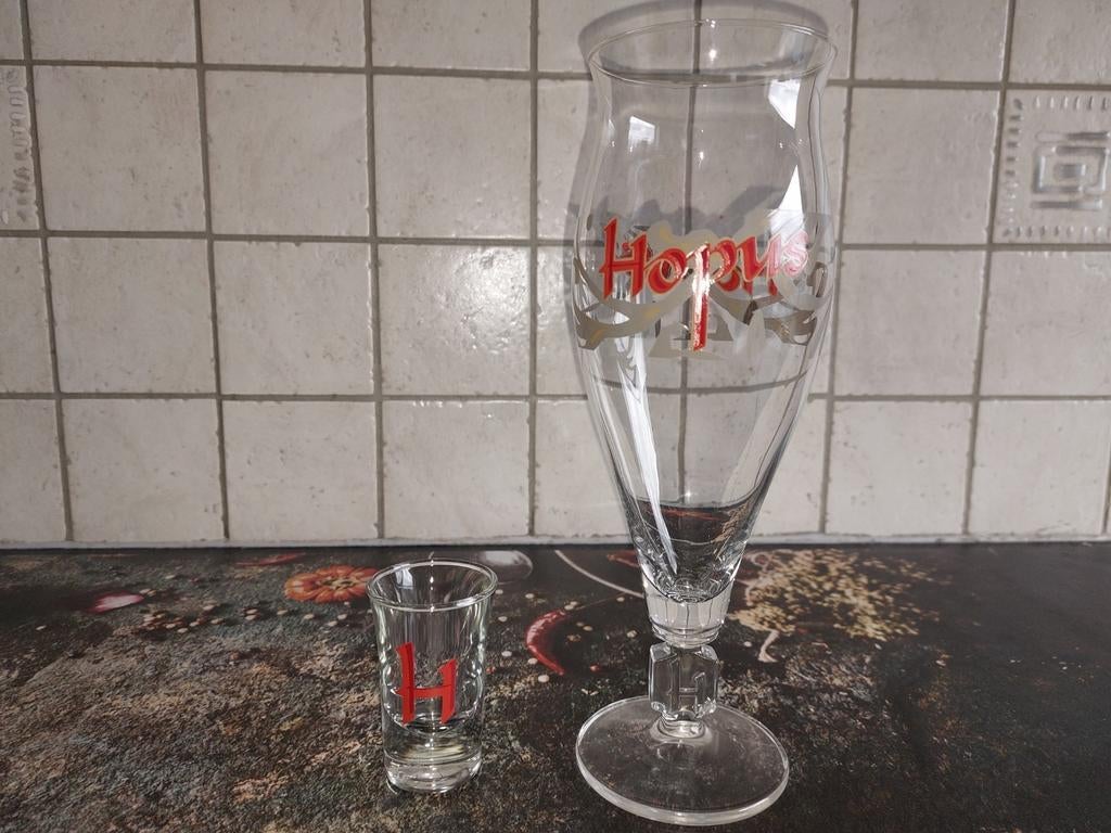 Verre à bière Hopus avec verre à shot, Enlèvement ou Envoi, Comme neuf, Verre à bière
