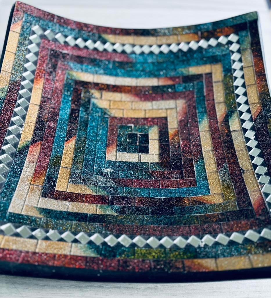 Grand plat/ plateau décoratif en verre mosaïque, Enlèvement, Comme neuf, Carré