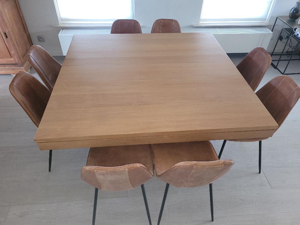 Teak tafel en 8 stoelen in buffel leer, Huis en Inrichting, Tafels | Eettafels, Ophalen, Zo goed als nieuw, Vijf personen of meer