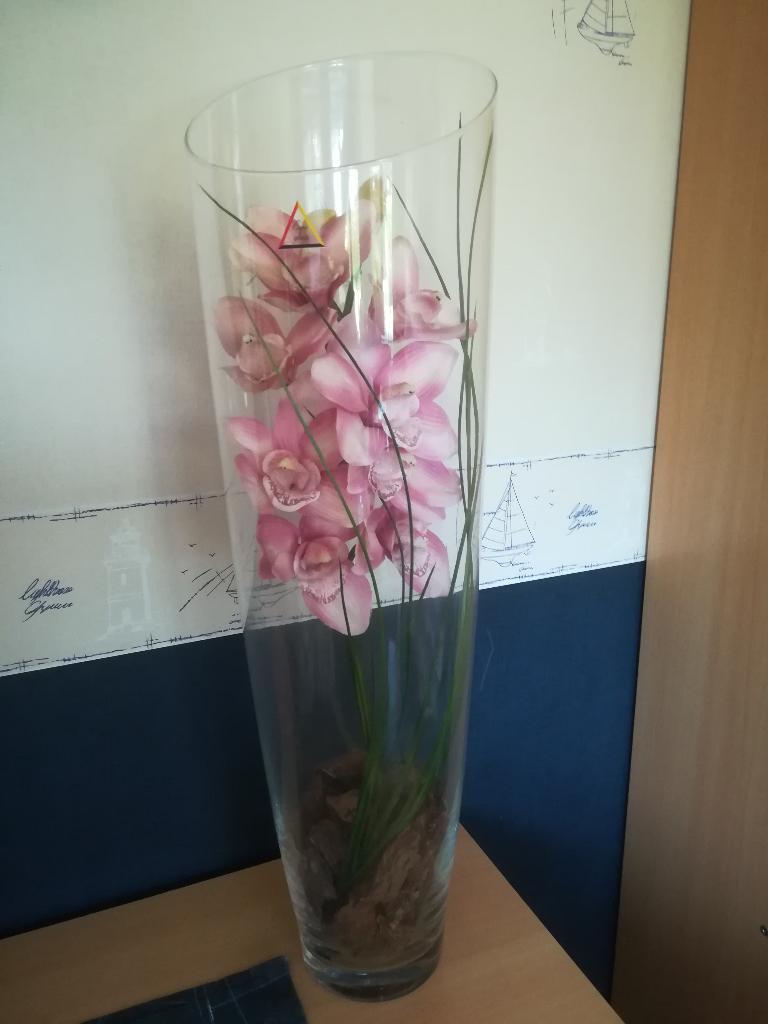 Beau grand vase en verre avec orchidée, Enlèvement, Utilisé