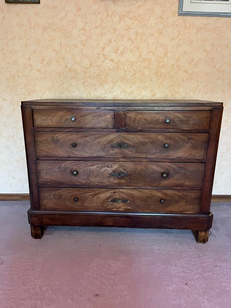 Commode ancienne – placage noyer – style Louis-Philippe, Maison & Meubles, 5 tiroirs ou plus, Enlèvement, Utilisé, 50 à 100 cm
