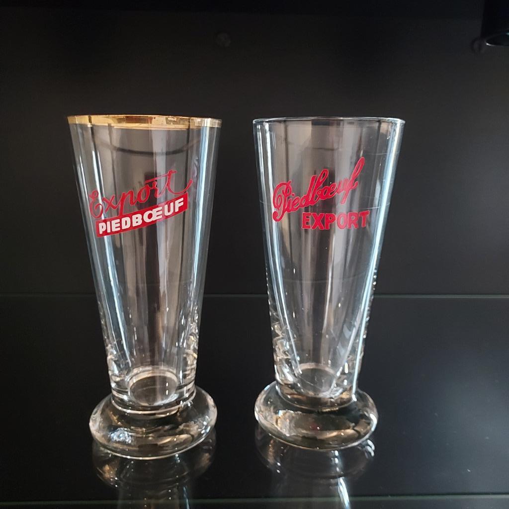 Piedboeuf Export 2 verschillende oude bierglazen 50j., Verzamelen, Biermerken, Gebruikt, Glas of Glazen, Jupiler, Ophalen