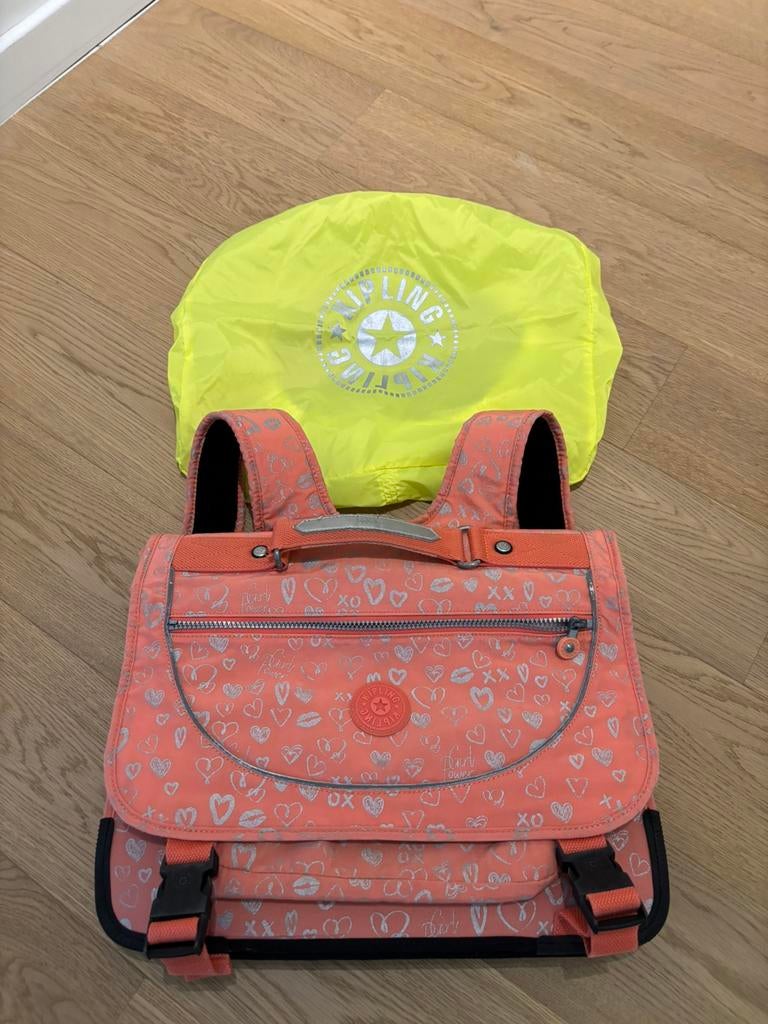 Kipling Preppy Medium Schooltas + Fluorescerende Regenhoes, Gebruikt, Aktetas of Boekentas, Roze, 30 tot 40 cm