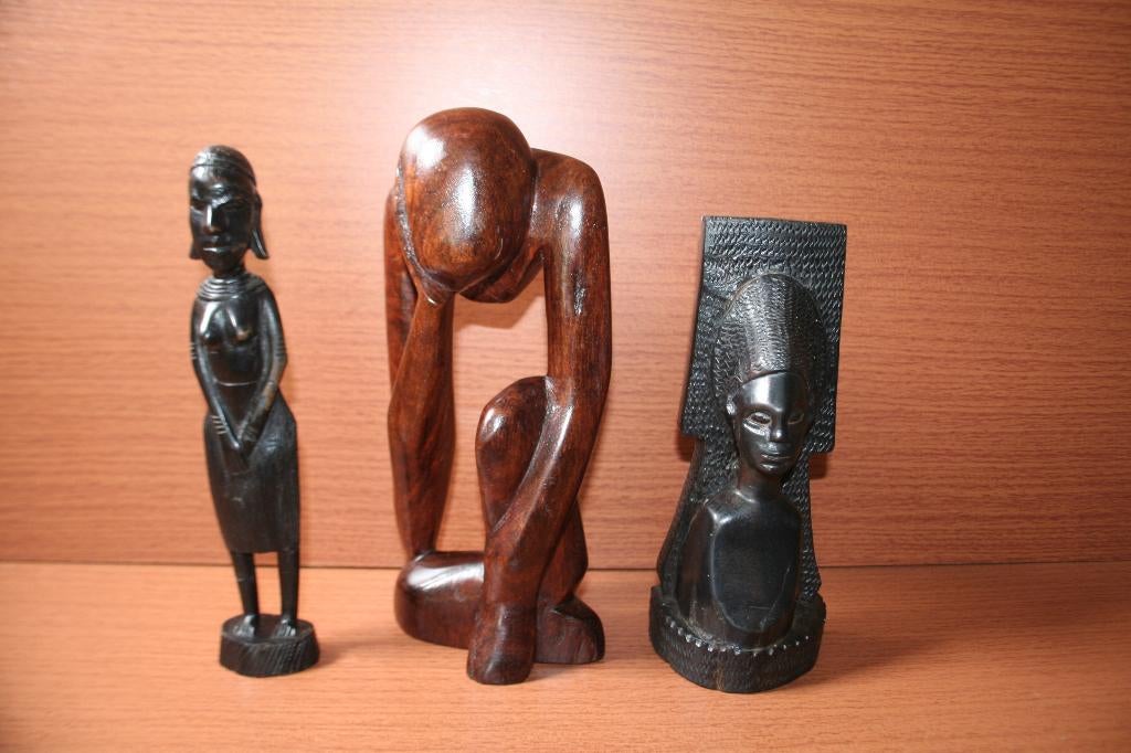 Houten beeld de denker en 2 afrikaanse beelden, Ophalen, Beeld