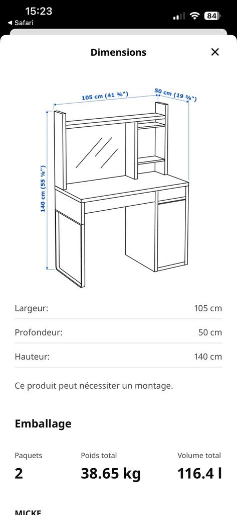 Haut de bureau micke ikea blanc, Maison & Meubles, Enlèvement, Comme neuf