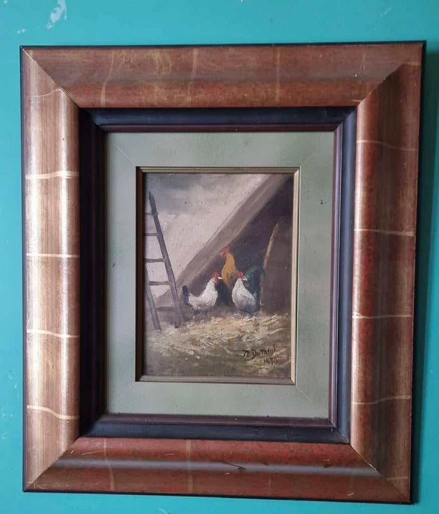 Huile sur bois 19e poules et coq Signée, Enlèvement ou Envoi