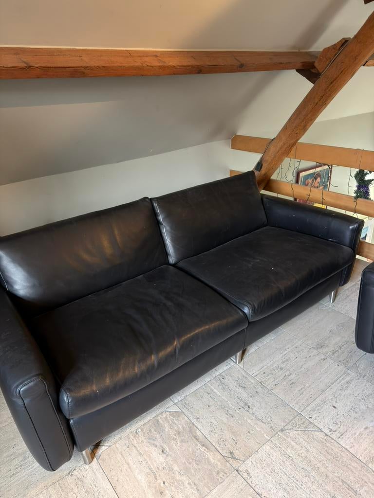 Zetel leder zwart. Driezit + éénzit, Huis en Inrichting, Zetels | Zetels, Ophalen, Gebruikt, Driepersoons