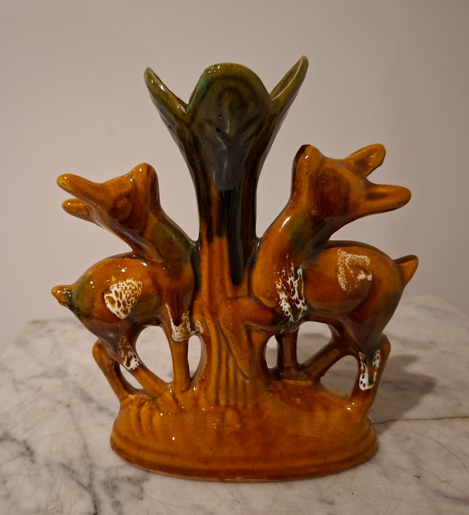 Jugendstil vaasje/ beeldjes met 2 hertjes, Antiek en Kunst, Ophalen of Verzenden