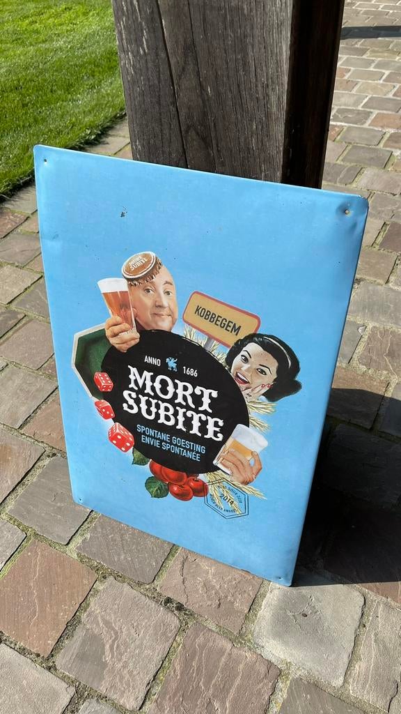 Assiette en fer blanc Mort Subite., Collections, Enlèvement ou Envoi, Utilisé, Panneau, Plaque ou Plaquette publicitaire