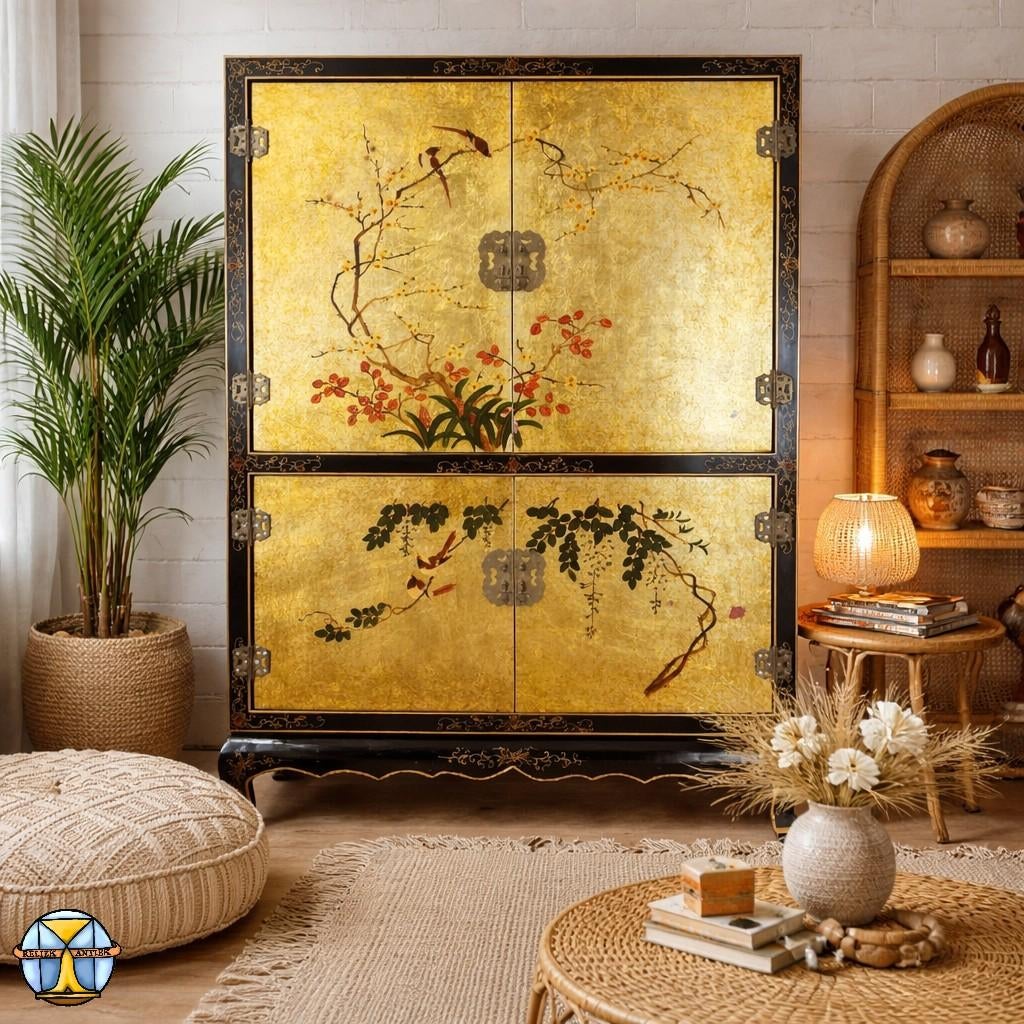 Armoire chinoise vintage Feuille d'or/Fleurs et oiseaux/Bohè, Enlèvement ou Envoi, Utilisé