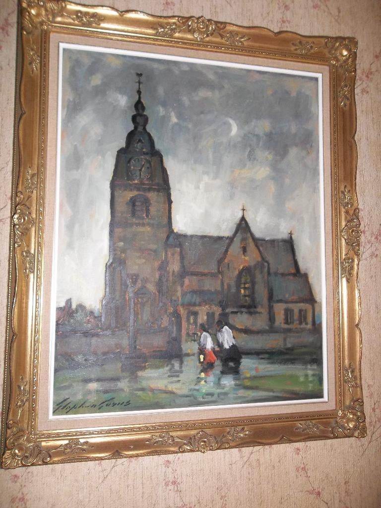 St. Gorus - Romaanse St. Aldegondiskerk Mespelare olie/doek, Antiek en Kunst, Ophalen of Verzenden