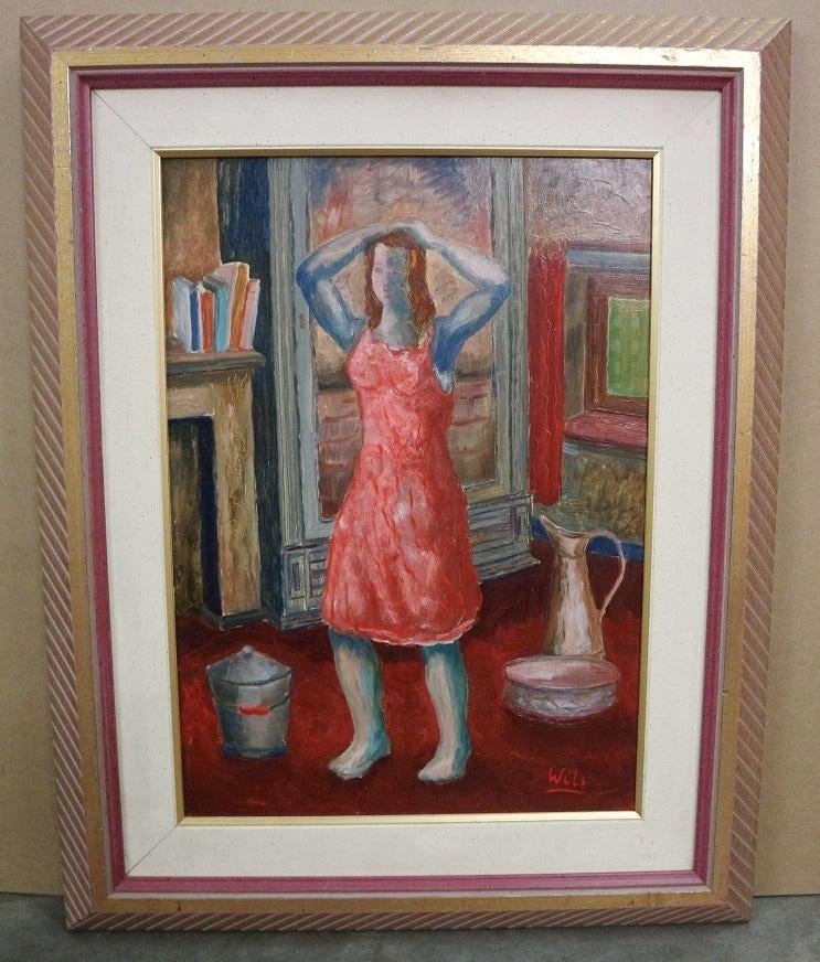 Jos WILS, de rode jurk, Antiek en Kunst, Kunst | Schilderijen | Klassiek, Ophalen of Verzenden