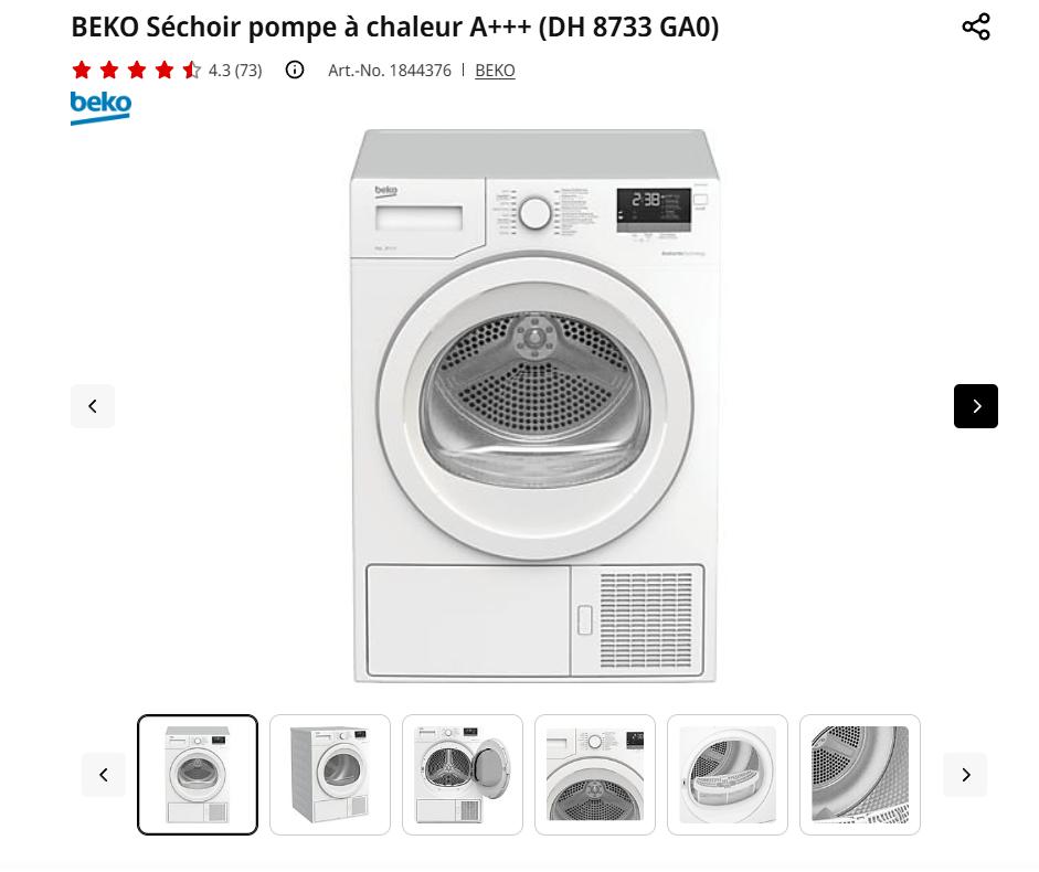 Séchoir avec pompe à chaleur BEKO  DH8733 GAO  cat A+++, Classe énergétique A ou plus économe, Comme neuf, Chargeur frontal, Enlèvement
