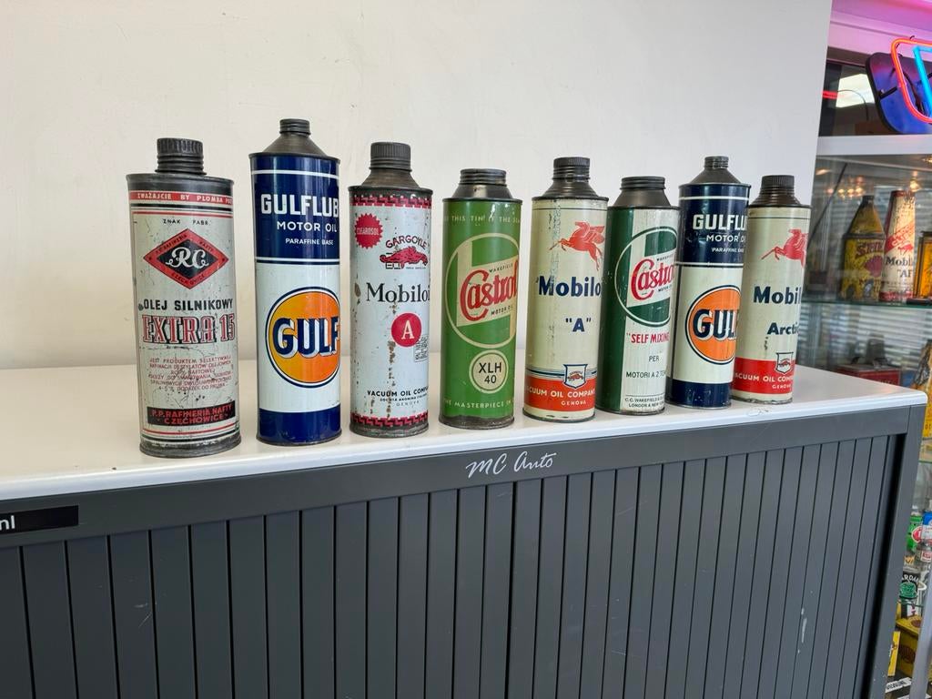 Divers bidons d'huile Gulf/Mobiloil/Castrol, Collections, Enlèvement ou Envoi, Utilisé, Emballage