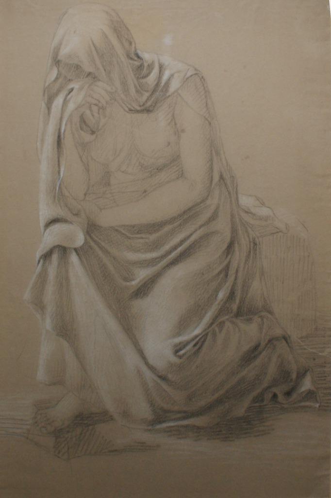 19de eeuwse studie: Treurende vrouw (53 x 71 cm), Antiek en Kunst, Ophalen of Verzenden