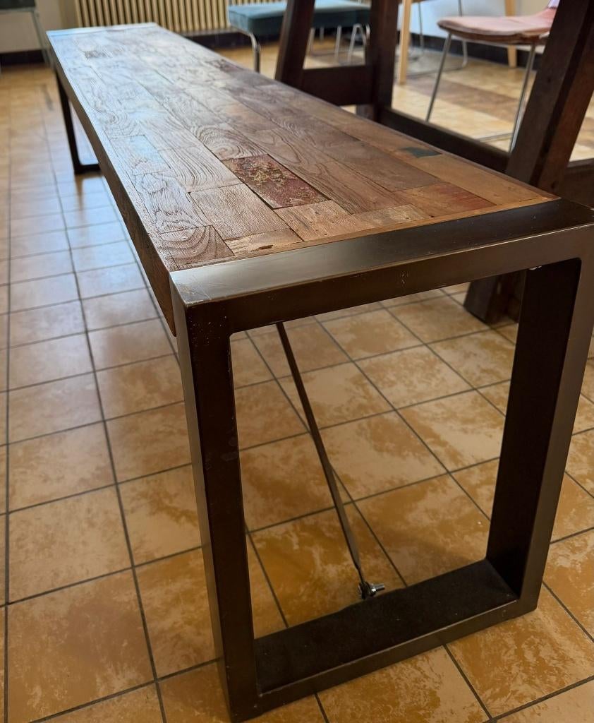 Houten bank met zwart metalen frame, Ophalen, Zo goed als nieuw, Rechte bank, Hout