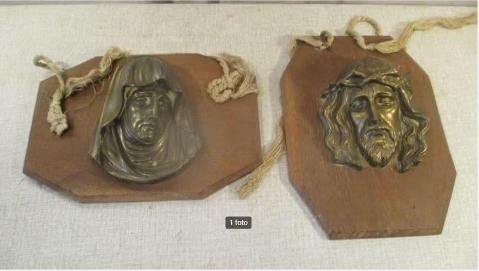 2 statues murales anciennes en laiton - Marie et le Christ, Antiquités & Art, Enlèvement ou Envoi