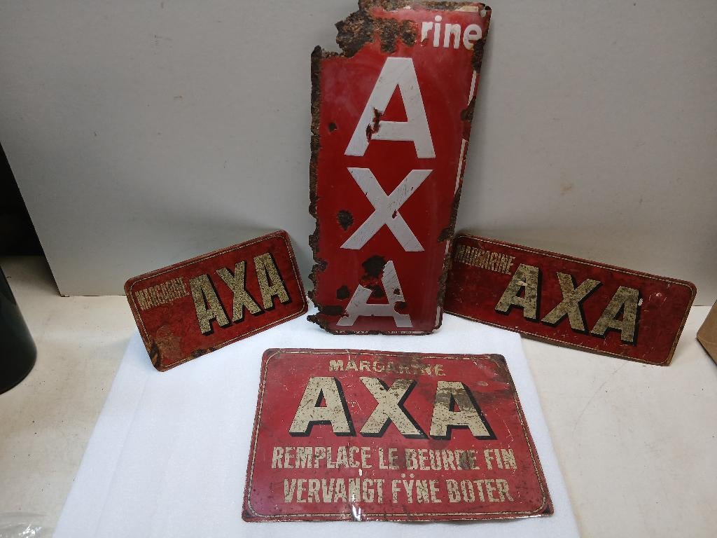 Plaque émaillée AXA margarine +3 tôles, Collections, Enlèvement ou Envoi, Utilisé, Panneau publicitaire