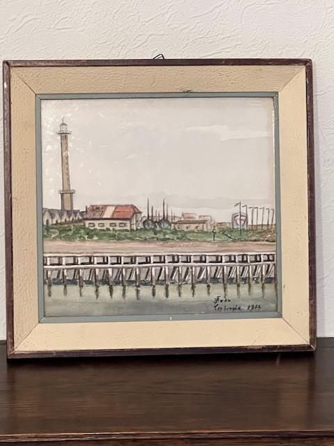 Aquarelle thème marin, port, phare, Enlèvement