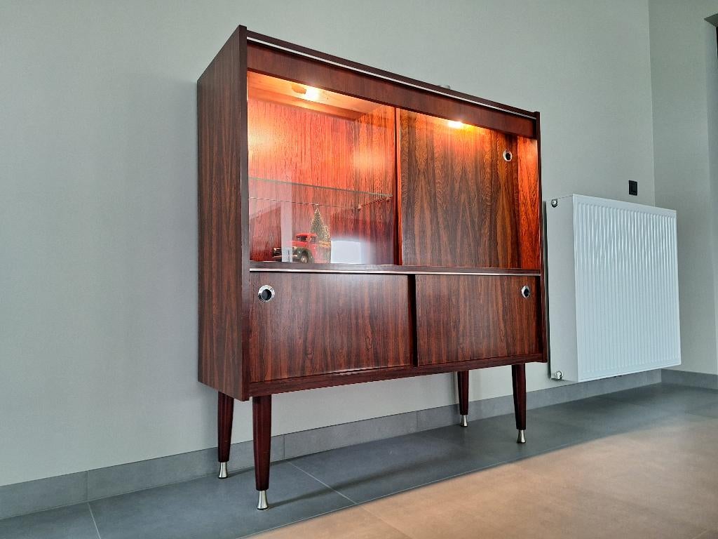 Vintage vitrinekast / dressoir met verlichting – mid-century, Huis en Inrichting, Ophalen, Gebruikt, 100 tot 150 cm, Glas