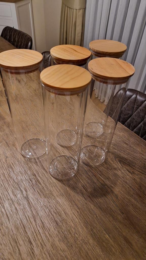 5 stuks voorraadbussen in glas met hout deksels., Ophalen, Zo goed als nieuw
