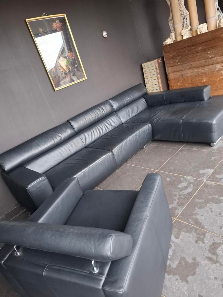 Zeer kwaliteitsvolle lederen zetel met longchair, Huis en Inrichting, Zetels | Zetels, Ophalen