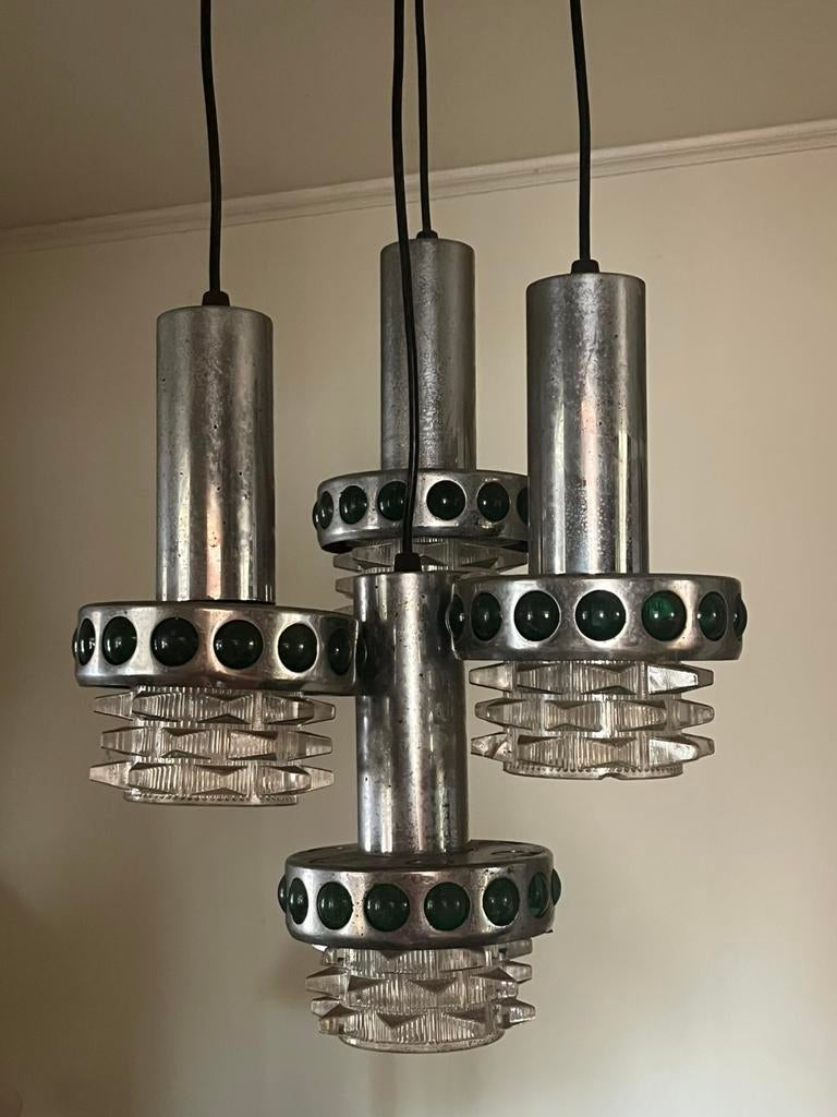 Vintage cascadelamp Massive groen, Huis en Inrichting, Lampen | Hanglampen, Gebruikt, 50 tot 75 cm, Glas, Metaal, Ophalen of Verzenden