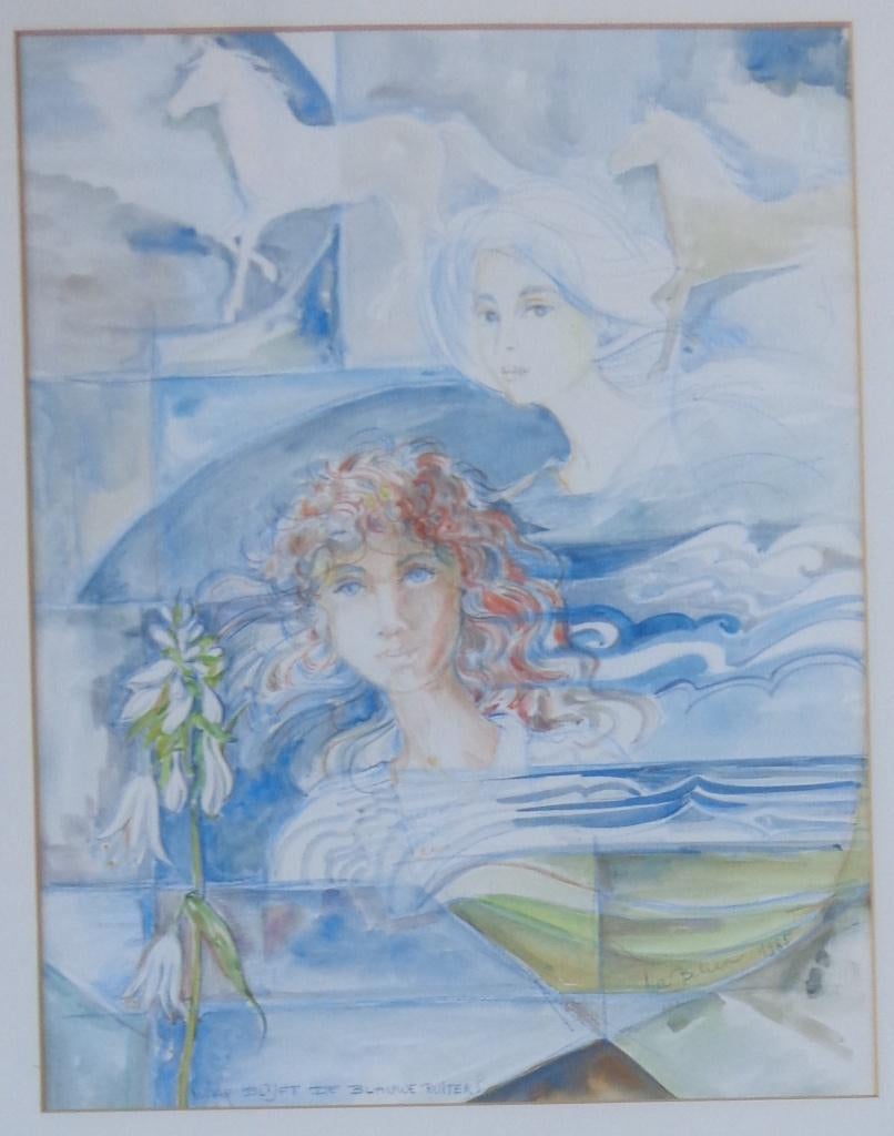 LEA BELIEN / BLAUWE RUITER / ORIGINEEL WERK / 62x52cm KADER, Ophalen of Verzenden