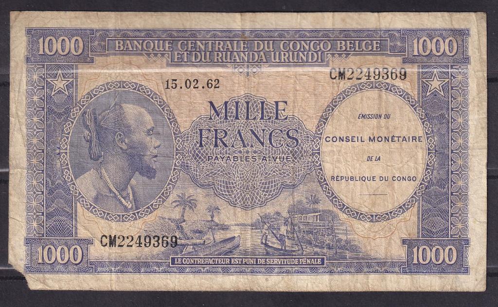 Belgisch Congo - Ruanda-Urundi 1000 fr 1962, Postzegels en Munten, Bankbiljetten | Afrika, Ophalen of Verzenden, Overige landen