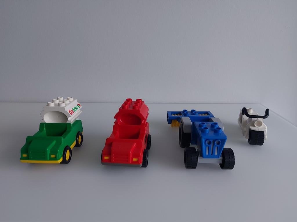 4 voertuigen duplo (tractor, motor, brandweerauto, tankwagen, Ophalen of Verzenden, Duplo
