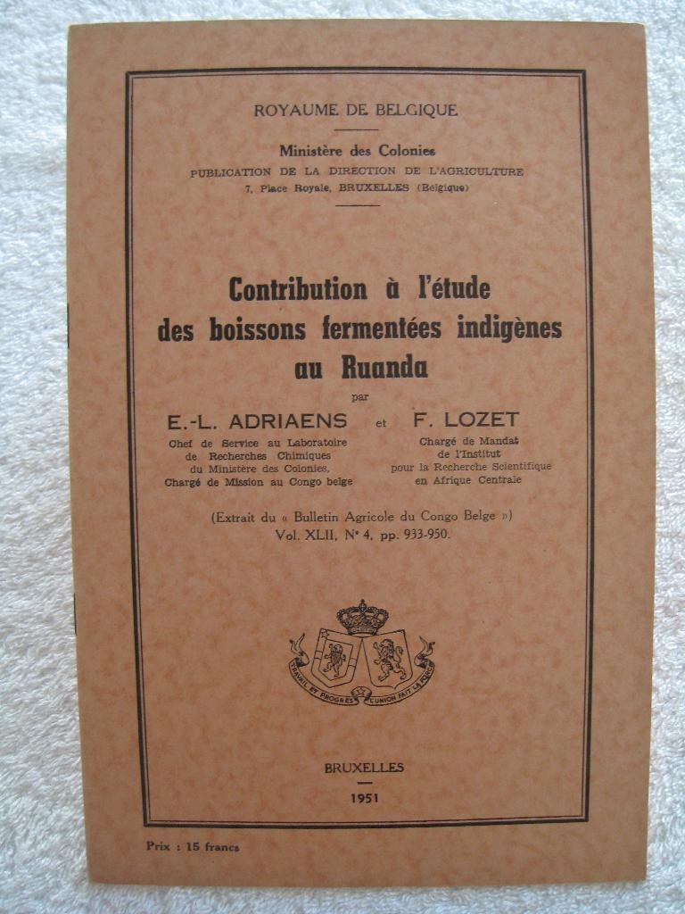 Congo belge Rwanda – alcools – Adriaens et Lozet - 1951, Enlèvement ou Envoi, Comme neuf
