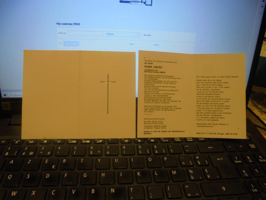 dp André Leleu, Verzamelen, Bidprentjes en Rouwkaarten, Ophalen of Verzenden, Bidprentje