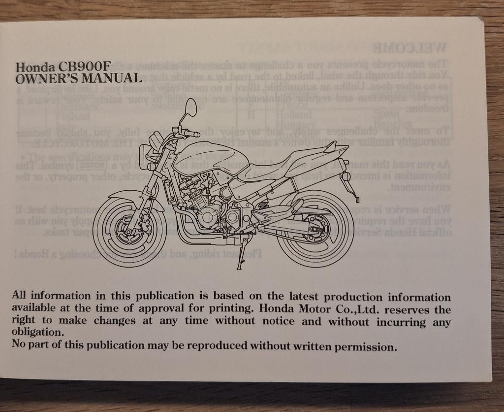 Manuel du propriétaire d'origine de la Honda CB900F, Envoi, Honda