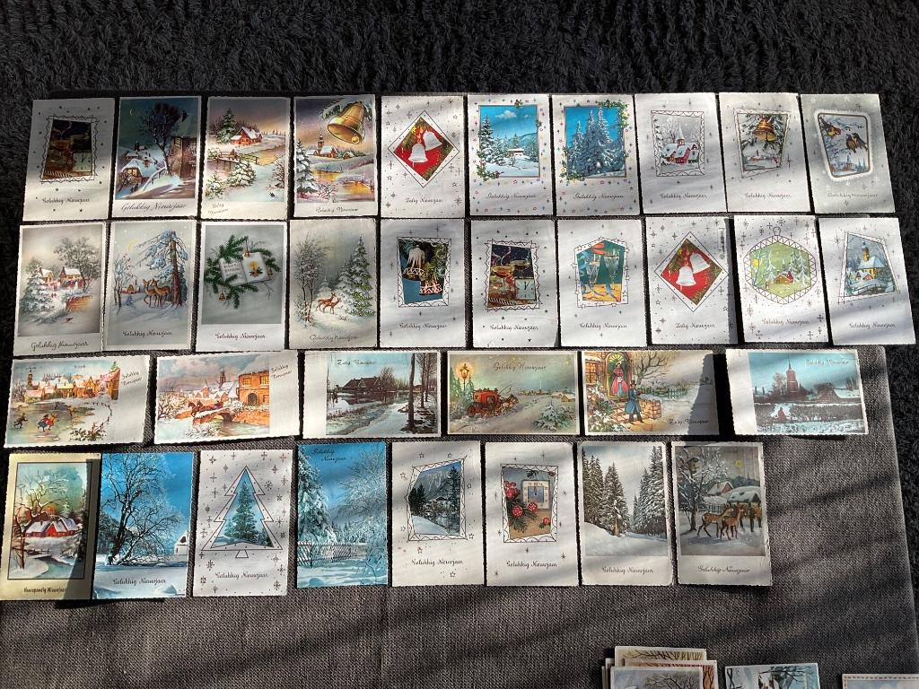 Oude gekartelde wenskaarten jaren 50-60, nieuwjaar, gelopen, Ophalen