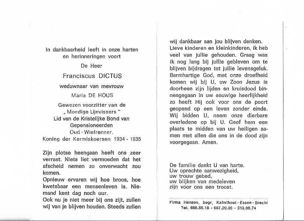 Bidprentje Franciscus DICTUS - Oud-Wielrenner, Ophalen of Verzenden, Bidprentje