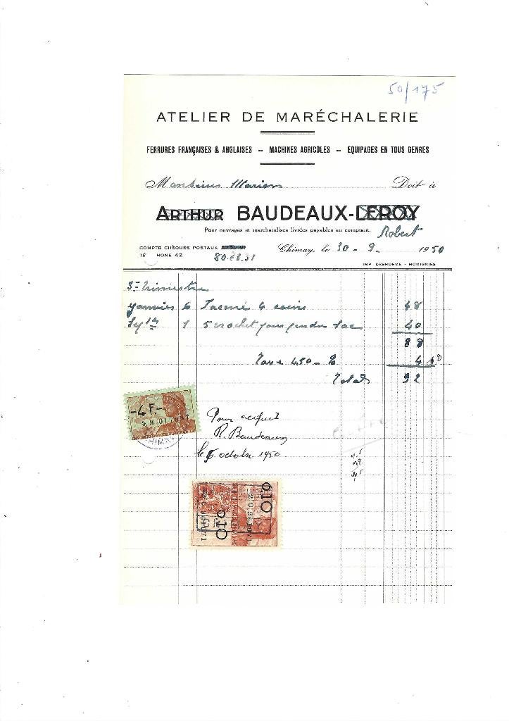 Ancienne facture 1950, Enlèvement ou Envoi, Utilisé