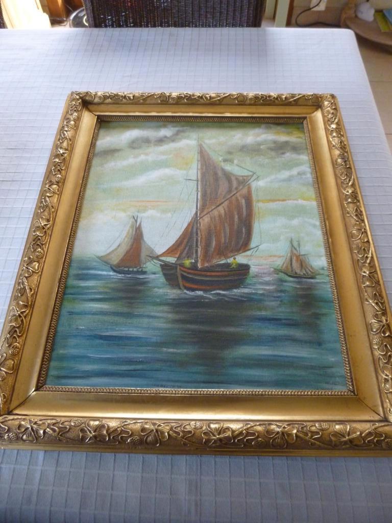 oud schilderij met boten 63 cm op 53 cm, Ophalen of Verzenden